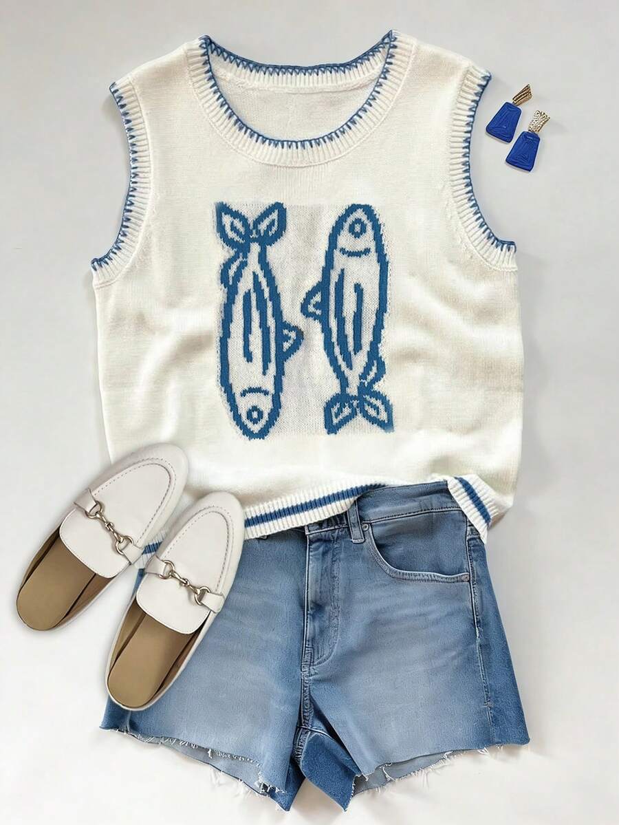 Camiseta de punto sin mangas con estampado de peces y ribete de color contrastante, para mujer, estilo casual de vacaciones, primavera/verano, color blanco