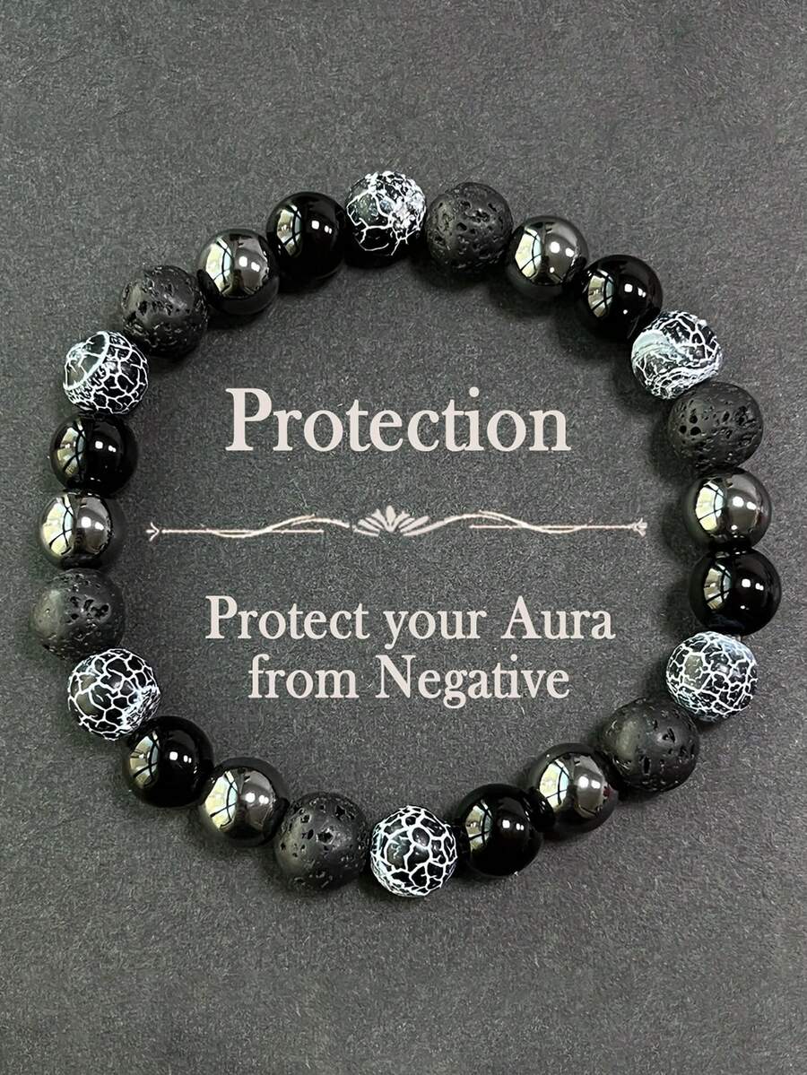 YAUKIA 1pc Protective Bracelet Handcrafted Weathered Agates,Volcanic Rock,Hematite Natural Stone Bead Bracelet Stress Relief Jewelry Gift - Multicolor - View 1