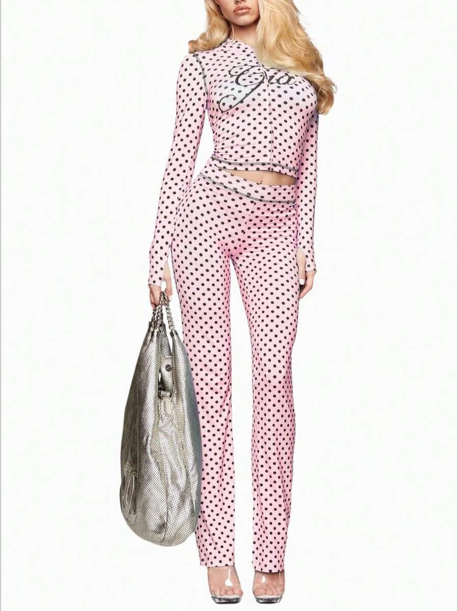 Fashionable Sexy Printed Zipper-Front Cardigan 2-Piece Set For Women, Fitted Stretch Tee & Skinny Pants Casual Chic Ensemble - 粉色 - 查看 1