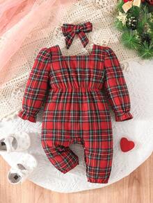 Baby Girl Cute Retro Chic Spring Autumn Thin Checkered Christmas Bow Decor Red Jumpsuit With Headband Set - Red - View 2