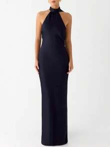 Women Scarf Maxi Dress Silk Halter Neck Tie Up Backless Bodycon Dress Cowl Back Draped Party Wedding Guest Cocktail Dresses With Neck Scarf - 深藍色 - 查看 5