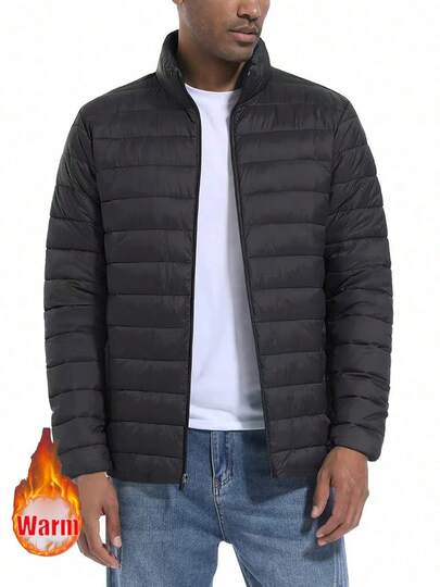 1 pieza Abrigo acolchado de manga larga para hombres de mediana edad, chaqueta casual corta, cómoda y cálida para el invierno, otoño