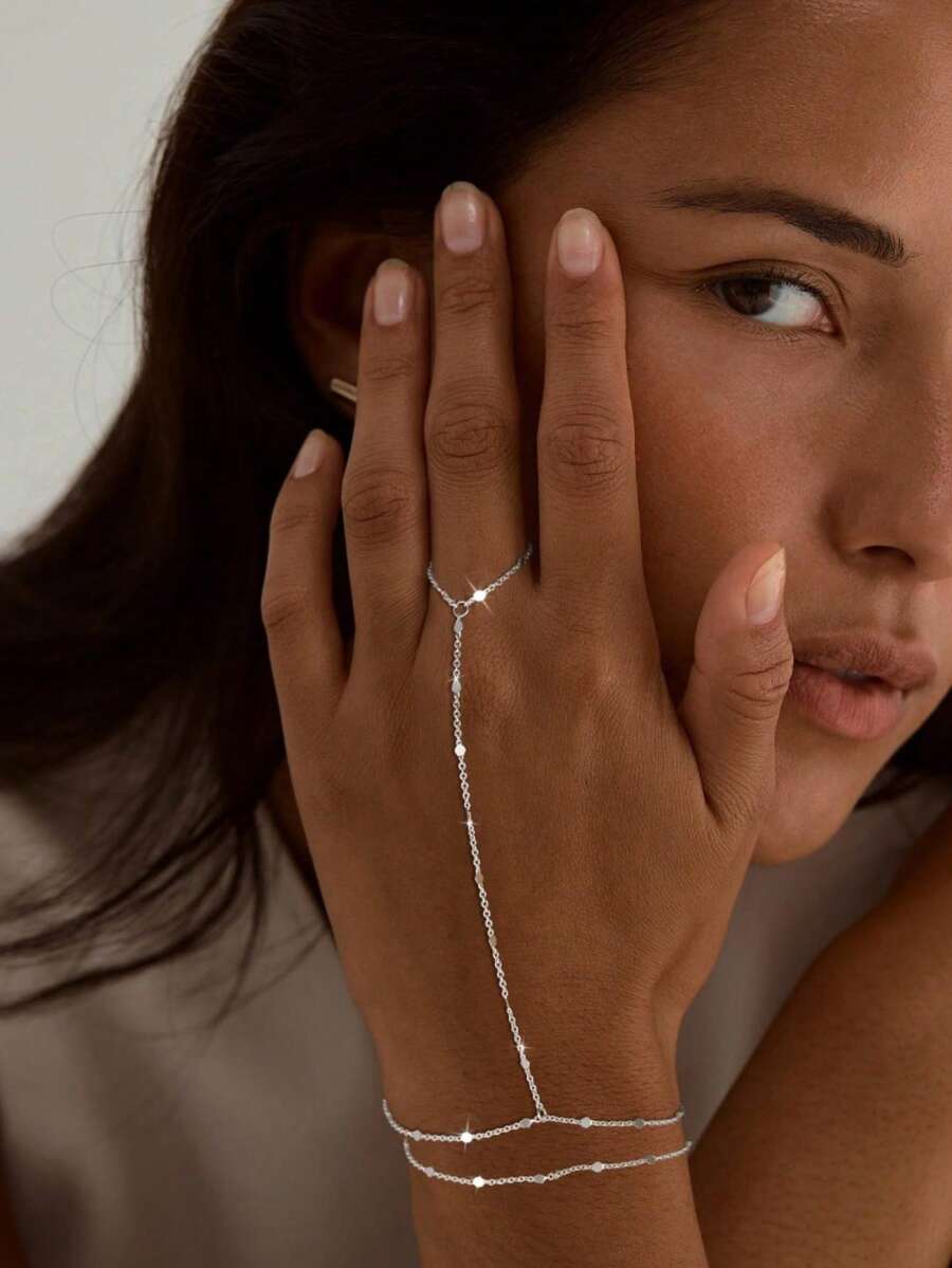 1pc Fashionable Versatile Y-Shaped Collarbone Chain, Simple Metal Flat Piece Connected Finger Chain, High-End Versatile, Suitable For Any Occasion, Great Gift Choice - Silver - View 1