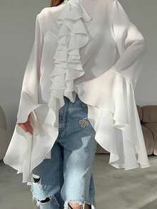 Camisa casual y elegante para mujer, blusa holgada con cuello de volantes y mangas acampanadas, tela tejida sólida con volantes y botones delanteros, para la calle, la oficina, el diario, las citas, primavera/verano en color blanco - Blanco - Ver 1