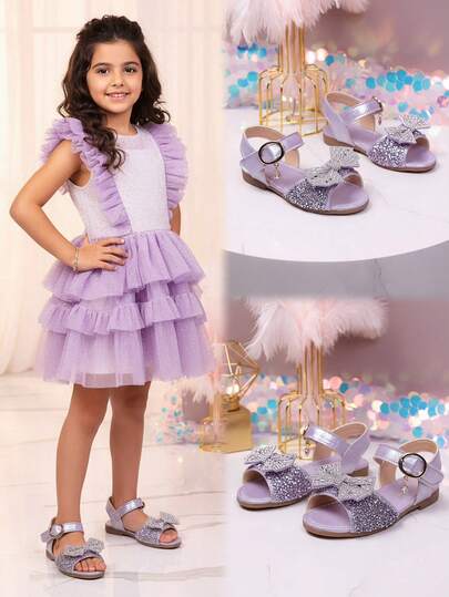 1 par lila plusstorlekar platta sandaler för småbarnsflickor, mjukt läder med paljetter, fjärilsdekor, öppen tå, halkfri sula, moderiktiga prinsessstil strand-/fritidsskor för 3-12 år, vår/sommar 2026