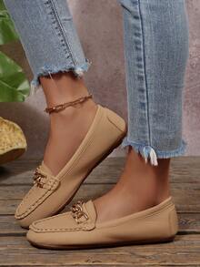 2026Women's Spring New ArrivalTrendsGold Chain Elegant Slip-On Loafers,Lightweight, Comfortable, VersatileRubber Flat Shoes - Camel - View 9