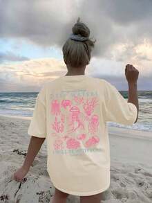 Women's Summer New Simple Cute Marine Life Print Casual Vacation Style Loose Versatile Round Neck White Short-Sleeved T-Shirt Fashionable Daily Tops Suitable For Daily Vacation Wear. Graphic Tees Women Pink Top-Unisex Comfortable Vintage Street Style Loose-Fit Washed T-Shirt - 杏子 2 - 查看 6