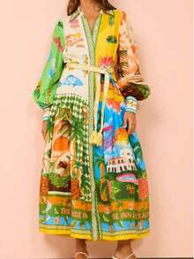 Vestido largo con cinturón y estampado de resort - Multicolor - Ver 1