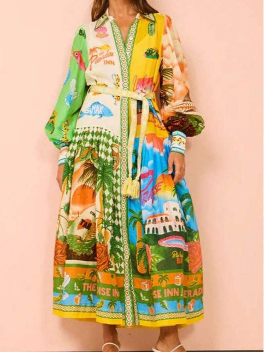 Vestido largo con cinturón y estampado de resort - Multicolor - Ver 1