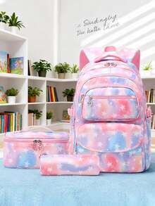 3件套可爱星形印花背包套装，学院风牛津布背包，大容量轻便旅行包，可调节肩带，涤纶内衬，包含手提包和笔袋，多口袋设计，适合通勤、日常使用，返校礼物