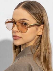 1副超大号欧美风金属框复古时尚双梁眼镜，高端女士眼镜 - 金框香檳片 - 查看 4