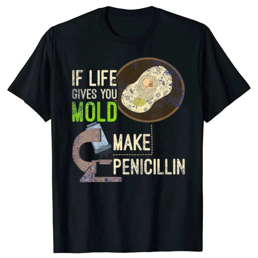 Camisetas gráficas divertidas de microbiología con estampado de penicilina para hombres y mujeres, camiseta casual de moda 100% algodón, camiseta suelta de biología - Negro - Ver 1