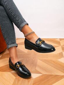 Women's Loafers, Round Toe Metal Buckle Flat Loafers, Outdoor Retro Slip-On Shoes, Black, Casual Shoes - Black - View 2