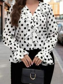 Plus Size Dressy Ruffle Blouse For Women Solid Color/Dot Print Long Sleeve V Neck Button Up Victorian Shirt Tops - White - View 3