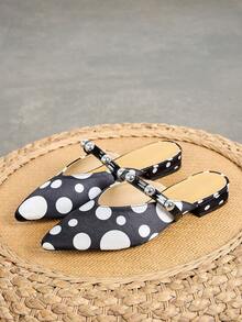 加大码女式波点铆钉黑色尖头粗跟拖鞋，2026新款透气露趾凉拖，适合搭配连衣裙、休闲装，夏季穿着 - 黑色 - 查看 2