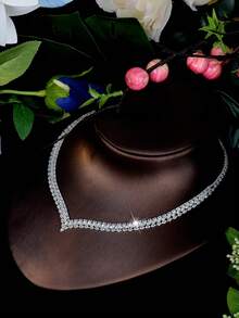 Bộ trang sức hình trái tim, hình học, hình thoi dễ thương đính đá Cubic Zirconia, thích hợp làm quà tặng Ngày Valentine cho phụ nữ. - Bạc - Xem 8