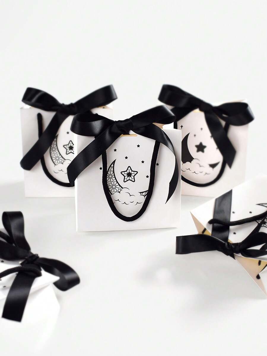 5pcs Of Small Black And White Tote Bags With Cute Stars And Moons, Perfect For Gift Wrapping, And Large Shopping Bags With Bows.Star And Moon Gift Bags, Perfect For Ramadan Parties - Multicolor - View 1