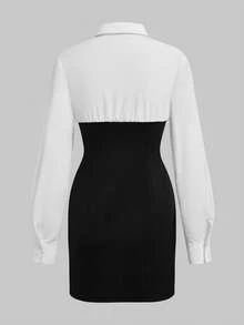 Vestido feminino elegante de manga comprida com blocos de cores, busto plissado e saia lápis ajustada, ideal para convidadas de casamento no verão, encontros românticos e festas noturnas. - Preto - Ver 6