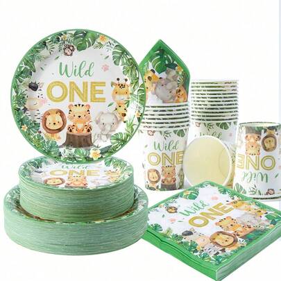 Disposable Tableware Set With Animal Print For 1st Birthday - Plates, Napkins And Cups, Serves 25 Guests, Suitable For Birthday Parties, Family Picnics