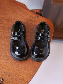 1 Pair Children Square Toe Shoes, PU Leather, Non-Slip Thick Sole, With Dual Hook And Loop Fasteners & Heart Decor - Black - View 16