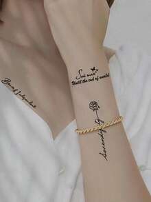 (30 Stück/Set) Künstlerisches Design temporäre Tattoo Aufkleber, enthaltend Schmetterling, Buchstaben, Baumzweig, Sternenhimmel, Rosenblumen Elemente Kombination, minimalistische schwarze Muster, Schmetterling & Sternenlicht, geeignet für Ärmel, Gesicht, Finger, Hals, tägliche Dekoration, Fotografie, Dates, Reiseaccessoire - Schwarz - Übersicht 5