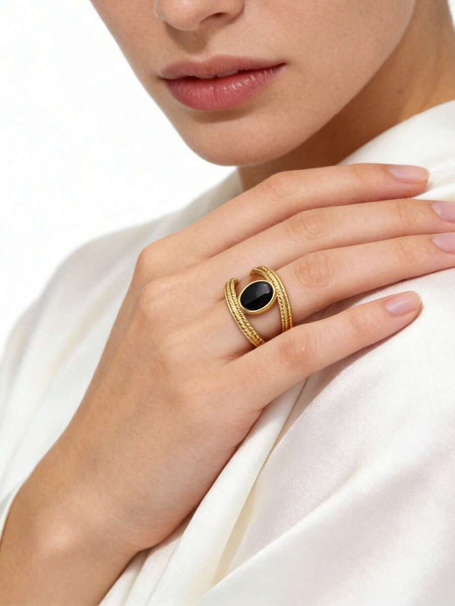 1件时尚简约不锈钢椭圆形锆石双层开口戒指/几何线条开口戒指/珍珠餐具戒指，适合女性日常、派对、假日佩戴