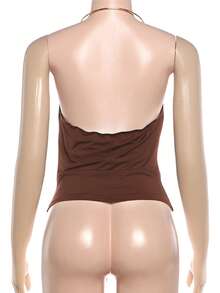 Glazenia Summer Elegant Fashion Sexy Metal Halter Neck Ruched Backless Solid Color Tank Top Casual Brown - Brown - View 8