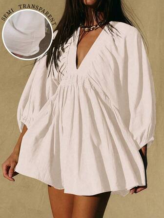 Nuevo vestido casual elegante y sexy de escote en V profundo con mangas abullonadas, vestido informal bohemio, occidental, tropical y de verano para primavera/verano