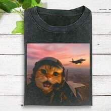 Funny Fighter Pilot Cat Shirt Vintage Cat Wars Shirt Cat Meme Shirt Funny Cute Cat Shirt Gen Z Joke Shirt Stupid Brainro - 黑色 - 查看 1