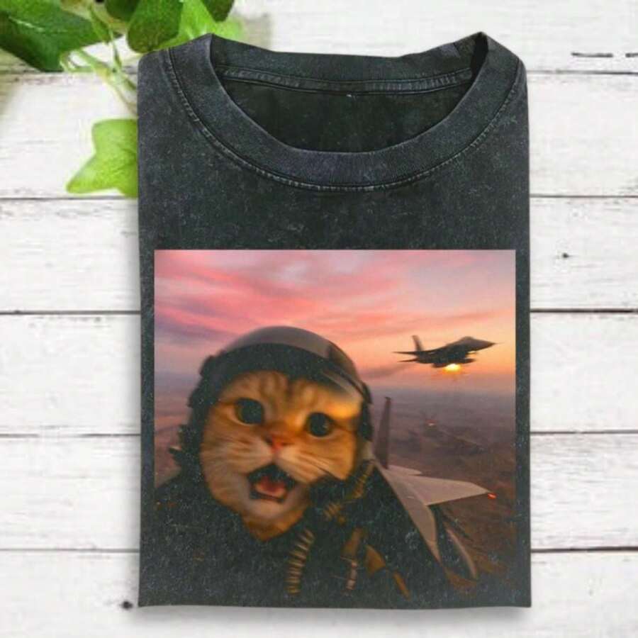 Funny Fighter Pilot Cat Shirt Vintage Cat Wars Shirt Cat Meme Shirt Funny Cute Cat Shirt Gen Z Joke Shirt Stupid Brainro - 黑色 - 查看 1