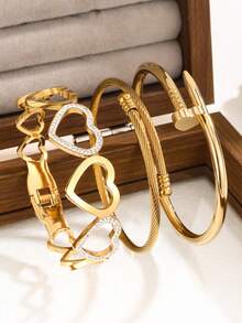 Bộ trang sức vòng tay nữ bằng thép không gỉ cao cấp đính đá Zirconia hình hoa, kiểu dáng thời trang mới, phù hợp để đeo hàng ngày. - Vàng 7 - Xem 6