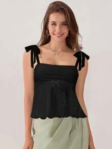 Women's Tie Shoulder Camisole Sleeveless Jacquard Mini Bow Slim Fit Summer Tank Tops - Negro - Ver 3