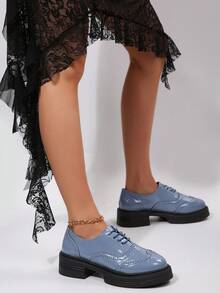 女士休闲一脚蹬鞋，蓝色，时尚英伦风，适合舞会、婚礼和节日等场合，8 种尺码可选 - 藍色 - 查看 7