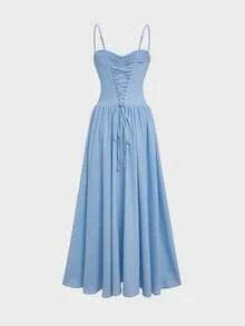 Elegant Charming Casual Fashion Date Vacation Wedding Romantic Fitted Pleated Dress Summer - Blue - View 6