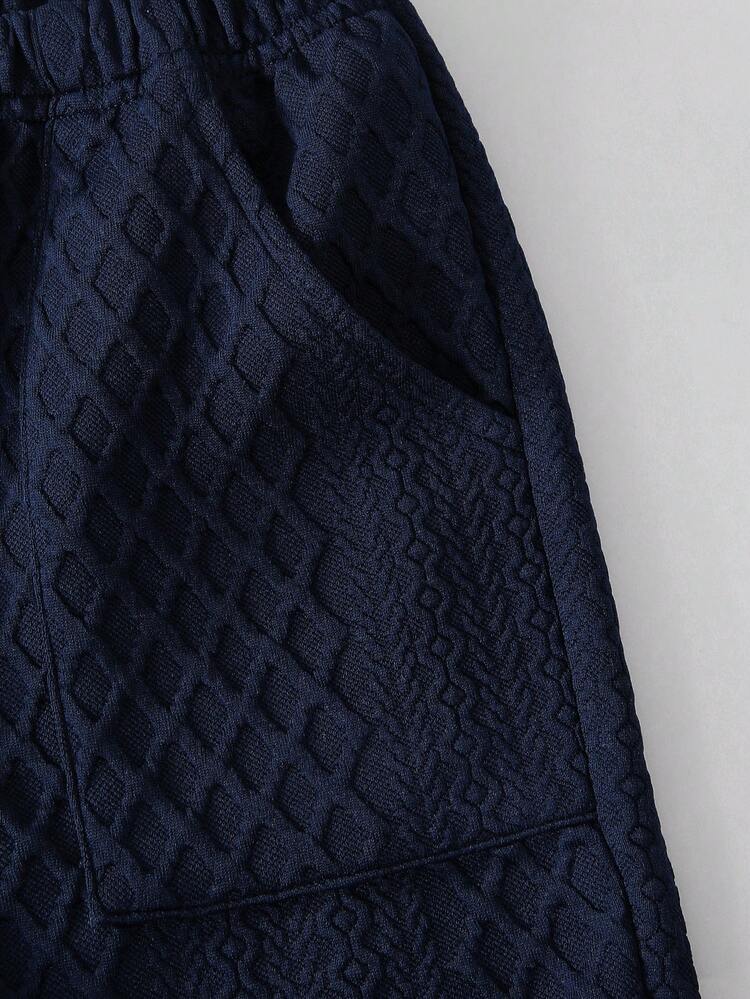 2pcs/Set Young Boy Casual Striped Jacquard Applique Ribbed Short Sleeve Polo T-Shirt And Shorts Set, Suitable For Summer Casual Outings - Navy Blue - View 8