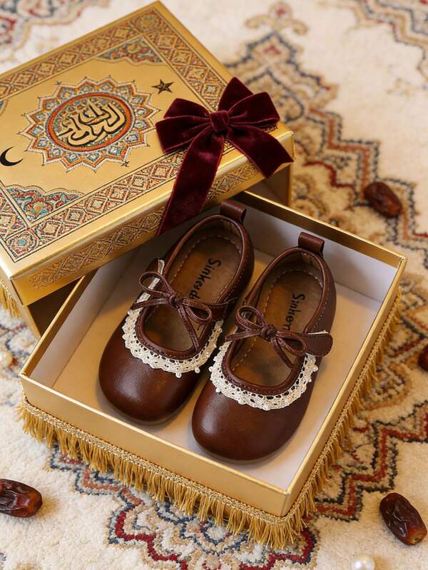 1 双 2025 新款儿童平底鞋，适合男孩和女孩，舒适柔软耐用防滑，蕾丝蝴蝶结设计，圣诞礼物