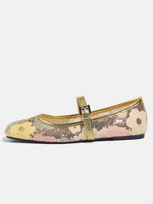 Zapatos Mary Jane planos con lentejuelas y hebilla de oro, de moda y talla grande para mujeres. Diseño floral calado, cómodos para ir al trabajo y de vacaciones. Nuevos para el verano - Dorado - Ver 5