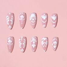 A Box Of 24 Pieces Of Medium And Long Pointed Nail White Three-Dimensional Relief Flower Wearing Nail Removable Nail Patch Nail Art Piece - Pink - View 2