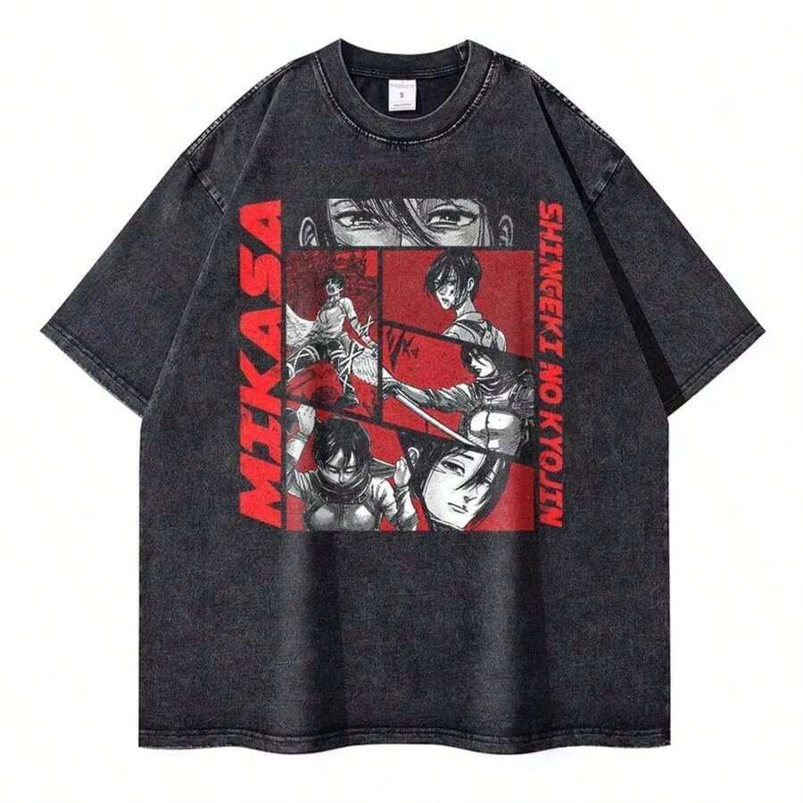 1Pcs,2026,Eren Jaeger 2D T-Shirts Vintage Washed Anime T-Titan A-Attack T Shirt Manga Shingeki No Kyojin  Mikasa Short Sleeve Tops - Đen-3 - Xem 1