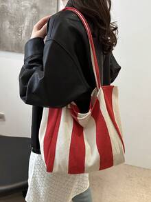 2026 New Retro Style Striped Canvas Bag, Large Capacity, Versatile Use, For Work, School And Outdoor Activities, Can Be Used As A Backpack - Red - View 5