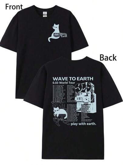 Camiseta de Algodón Puro 180g para Hombre - Estampado Doble Cara Wave to Earth con Gato y Fechas de Tour, Diseño Geométrico en Blanco sobre , Cuello Redondo Manga Corta Ajuste Regular, Cómoda para Todas las Temporadas, Uso Diario, Gimnasio o Exteriores, Tejido Transpirable y Duradero
