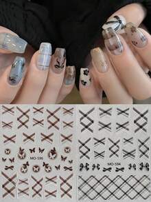 Hình dán móng tay 5D họa tiết nơ đỏ chuyển sắc, thiết kế bướm rỗng kẻ sọc caro - Màu đen/trắng/nâu/hồng/vàng, phù hợp cho phong cách trang trí móng tay DIY thanh lịch Y2K cho đám cưới. - Nhiều màu - Xem 4