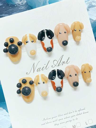10 片手工制作的 3D 立体美甲贴片，可爱简约风格，3D 狗狗造型装饰，高端品质，可重复使用，适合日常佩戴、约会、节日，也可作为礼物赠送。