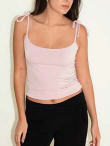 Cute Crop Pink Knitted Square Neck Cami For Women With Lace Up Straps Medium Stretch Summer Style - Pink - View 5