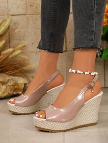 Women's Summer Vacation Style Wedge Thick Bottom Sandals, Strap Buckle Outer Wear, Fashionable Bow Decor, Versatile Open Toe Sandals - Pink - View 2
