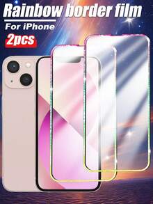 2pcs Colorful Shiny Edged Tempered Glass Screen Protector, Anti-Scratch, Anti-Shock, Waterproof, Ultra-Clear Tempered Glass Screen Protector, Compatible With IPhone 11/12/13/14/15 Pro Max/16 Plus/16 Pro/16 Pro Max/16e/17/17 Air/17 Pro/17 Pro Max Series - Colorful - View 17