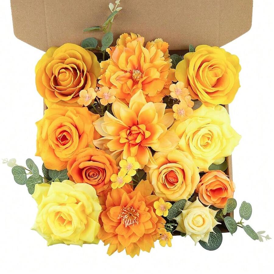 [Free Shipping]Artificial Flowers For Home Decorations: Yellow Silk Fake Flowers Bulk Boxed Set, Peony Roses Bouquets With Stems For Table Centerpiece, DIY Wedding, Bridal Shower, Graduation Cap & Tea Party - 黃色 - 查看 1