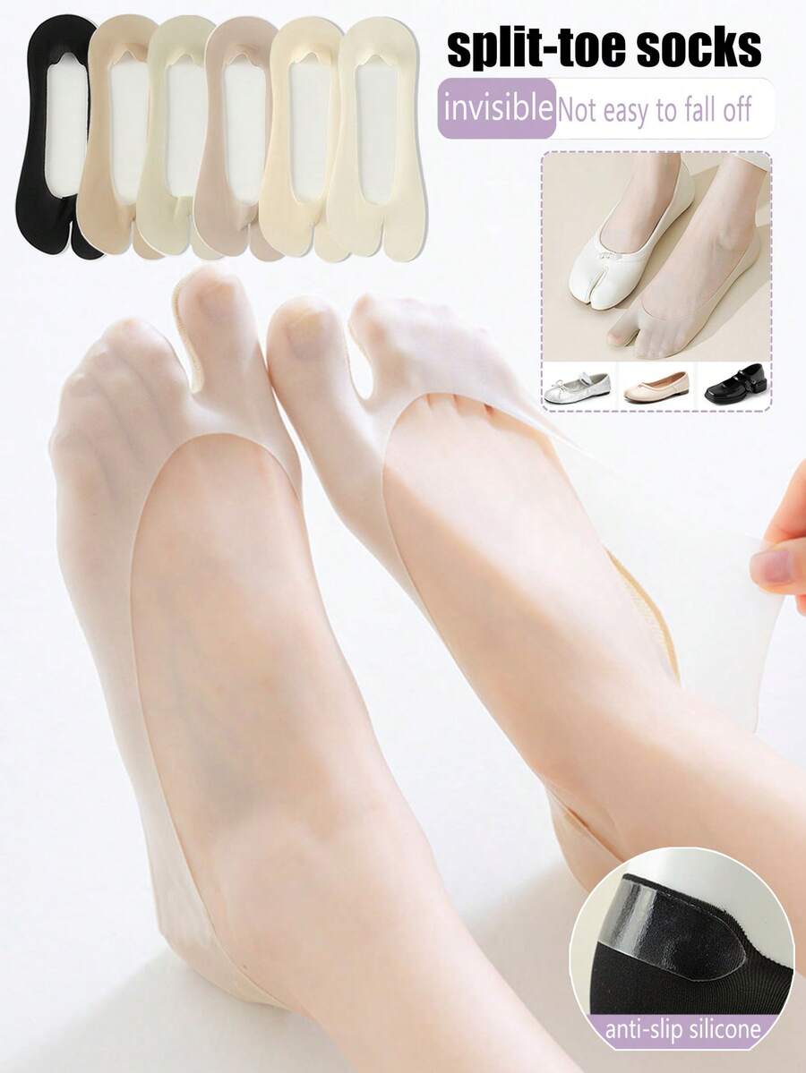 1/3/6 双装女士分趾船袜，轻薄透气防滑吸湿隐形袜，适合春夏穿着，也适合搭配猪蹄鞋和高跟鞋。 - 彩色 - 查看 1