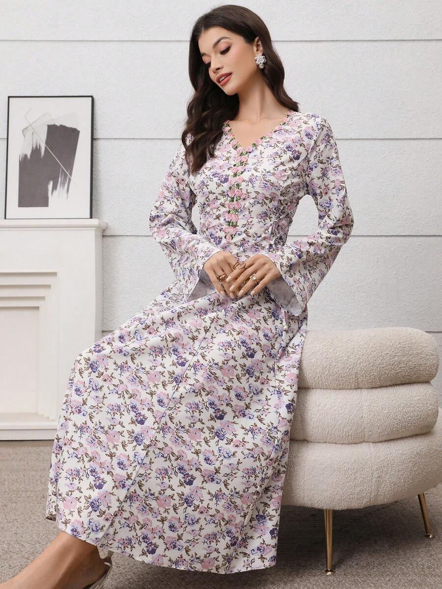 Printed Long Sleeve Tie-Front Dress, Casual Elegant A-Line Dress, Suitable For Evening Party, Wedding Guest, Anniversary Celebration, Autumn Women's Wear - Multicolor - View 1