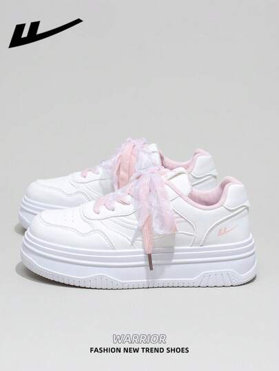  1双 WARRIOR 女士厚底系带软底休闲鞋，低帮户外平底鞋，圆头低跟防滑纯色优雅软底徒步鞋，适合学生、毕业照、平底鞋、女士低帮皮质运动滑板鞋